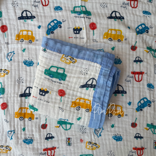 Muslin Blanket 6 Layer - Blue Cars