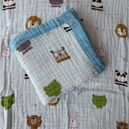Muslin Blanket 6 Layer - Blue Animal Faces