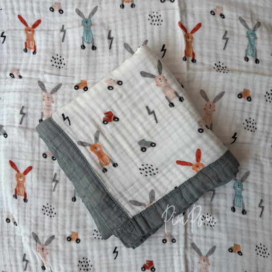Muslin Blanket 6 Layer - Grey Rabbits