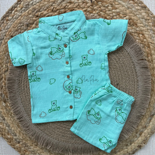 Muslin Boys Shirt and Shorts Set - Green Teddy
