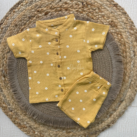 Muslin Boys Shirt and Shorts Set - Yellow Flowers