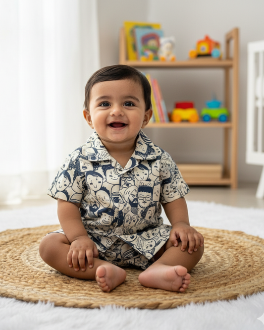 Boys Shirt and Shorts Set - Blue Faces