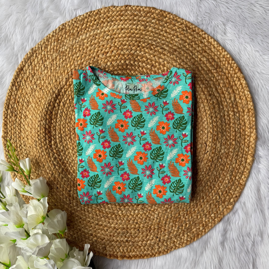 Knitted Cotton Casual Frock - Green Garden
