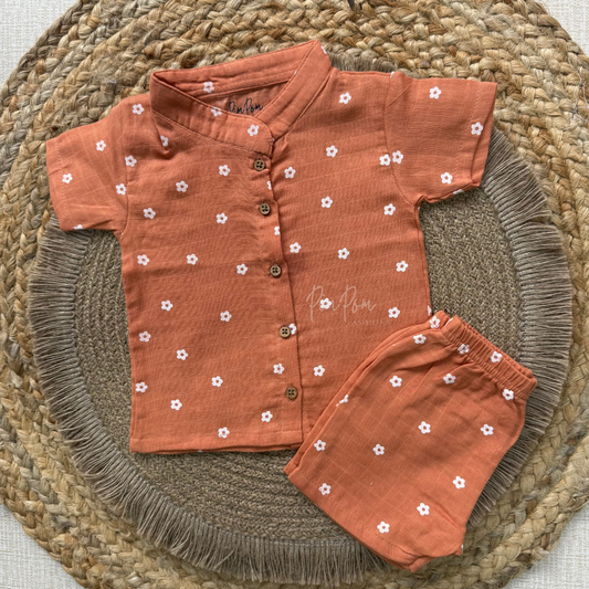 Muslin Boys Shirt and Shorts Set - Brick Red Flowers