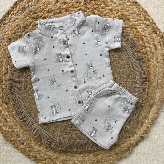 Muslin Boys Shirt and Shorts Set - Grey Teddy