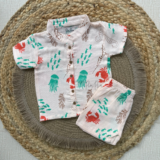 Muslin Boys Shirt and Shorts Set - Crabs