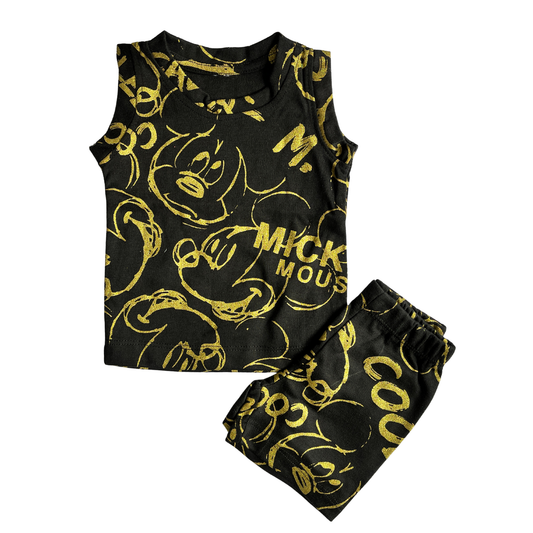 Kids Co-Ord Sleeveless Shorts Set - Black Mickey Mouse