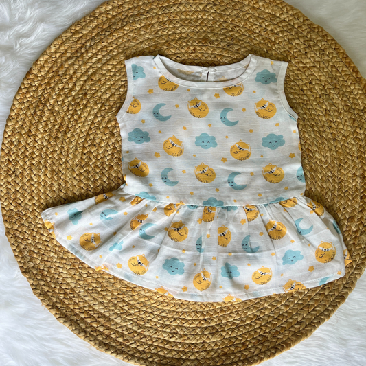 Muslin Button Frock - Moon and clouds