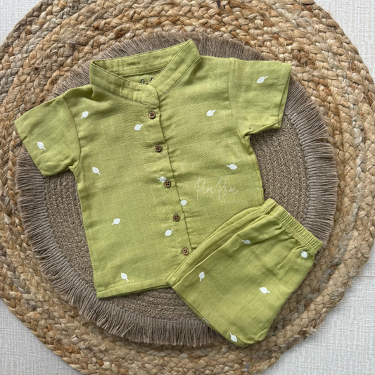 Muslin Boys Shirt and Shorts Set - Green Leaves