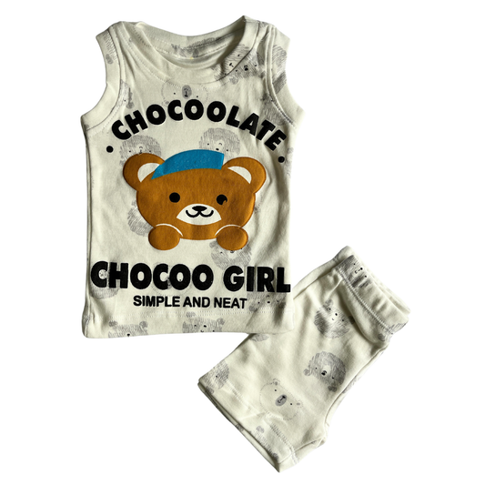 Kids Co-Ord Sleeveless Shorts Set - White Teddy