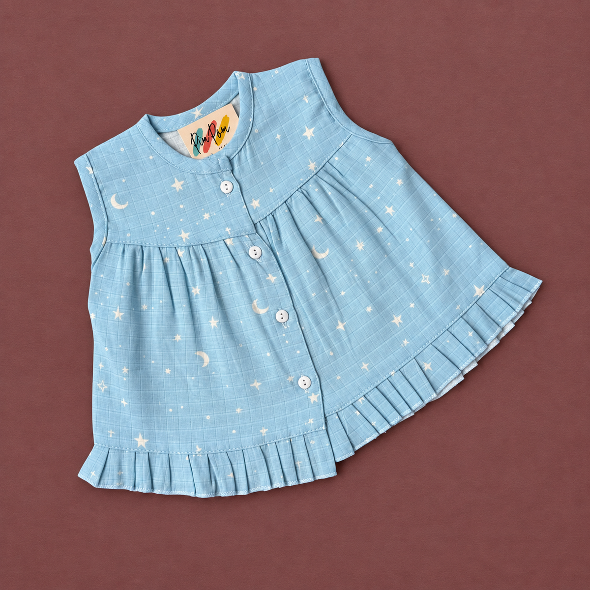 Muslin Front Open Frock - Blue stars