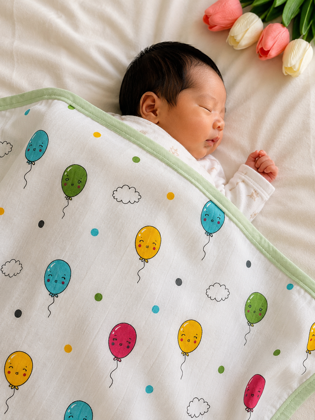Premium 100% Muslin Baby Blanket – 5-in-1 Multi-Use Essential for Newborns - Balloons