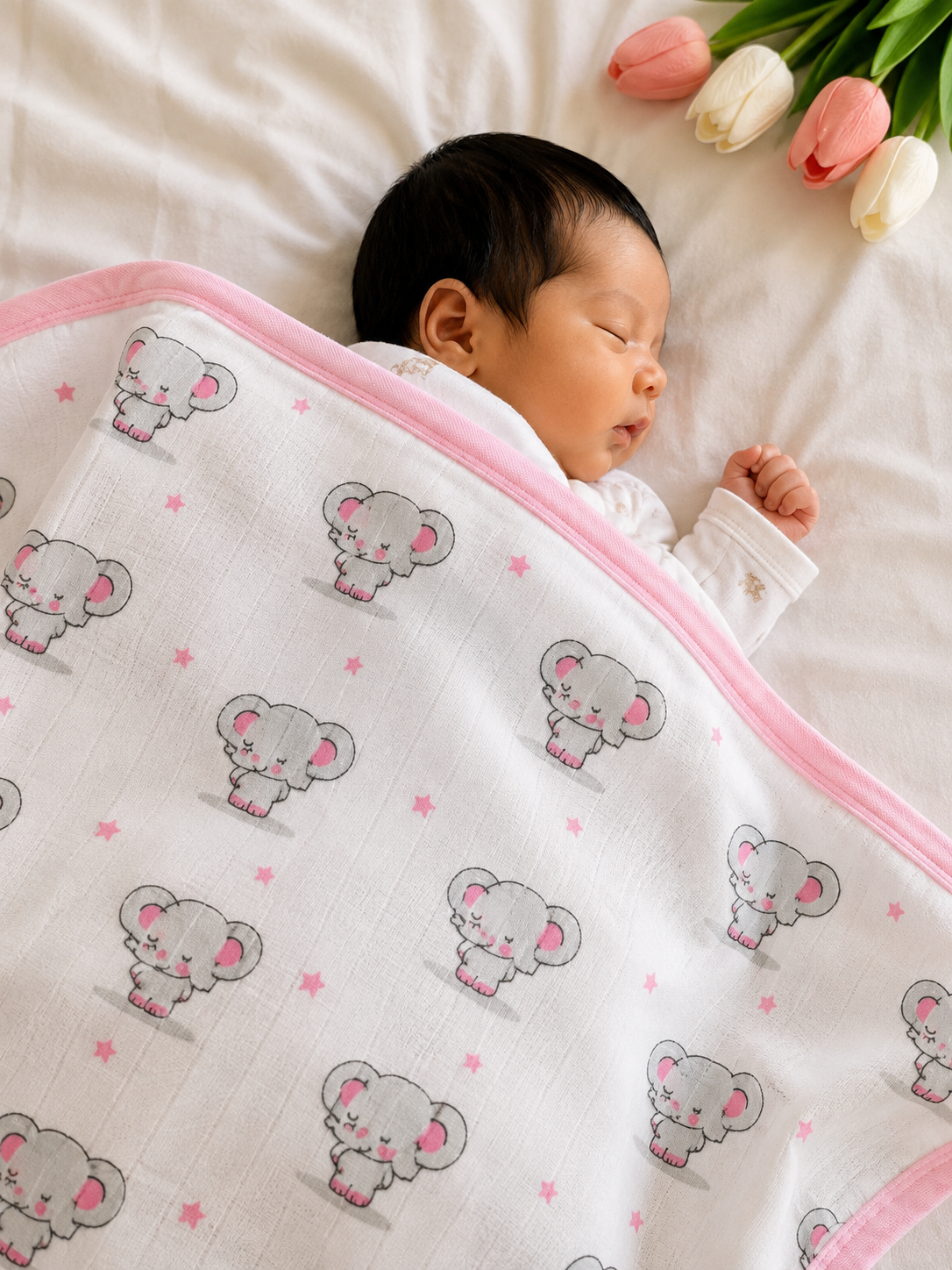 Premium 100% Muslin Baby Blanket – 5-in-1 Multi-Use Essential for Newborns - Dancing Elephants