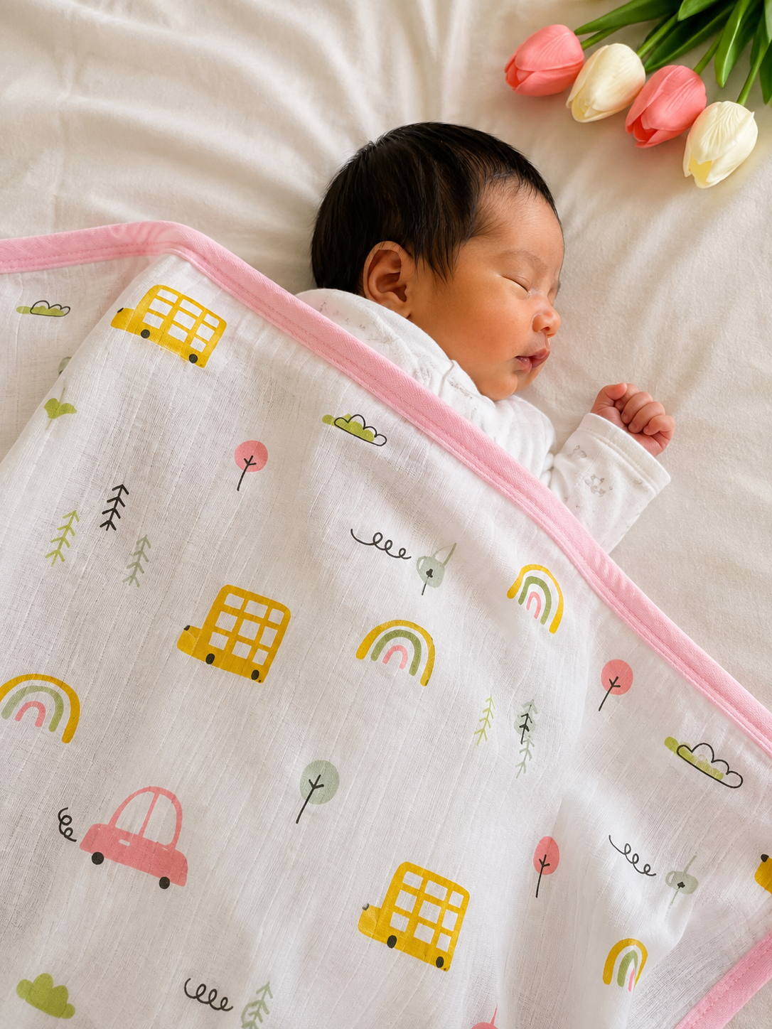 Premium 100% Muslin Baby Blanket – 5-in-1 Multi-Use Essential for Newborns - Yellow Car
