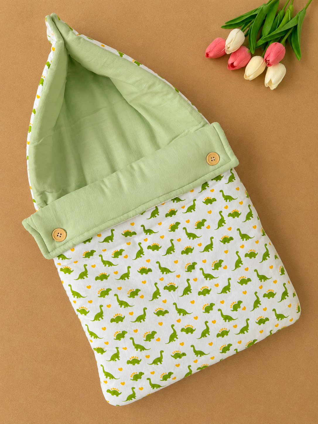 Double Side Muslin Baby Carry Bed - Green Dino
