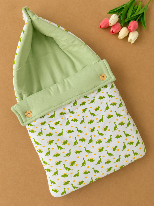 Double Side Muslin Baby Carry Bed - Green Dino