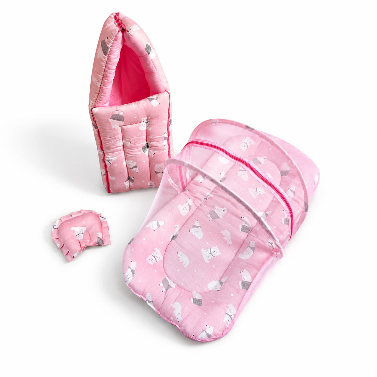Muslin Baby Carry Bed Combo - Pink Bears