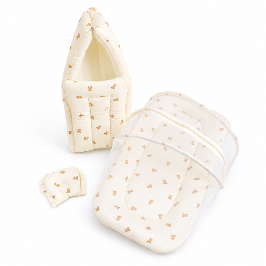 Crinkled Muslin Baby Carry Bed Combo - Teddy Bears