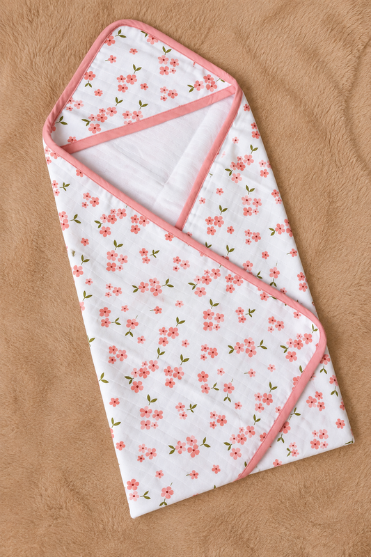 Premium Muslin Hooded Towel - Peach Flowers