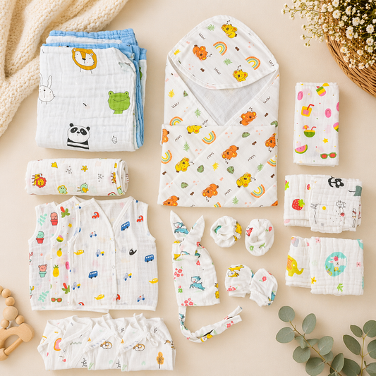 First Hug Essentials (Assorted) – All in one Muslin Essentials Kit