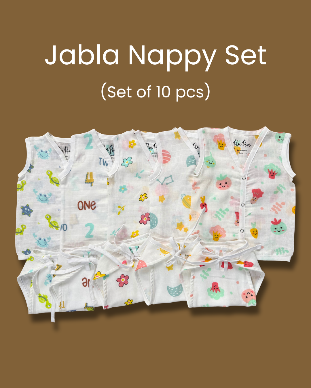Muslin Baby Jabla & Nappy Matching Sets (10 pcs) - Combo