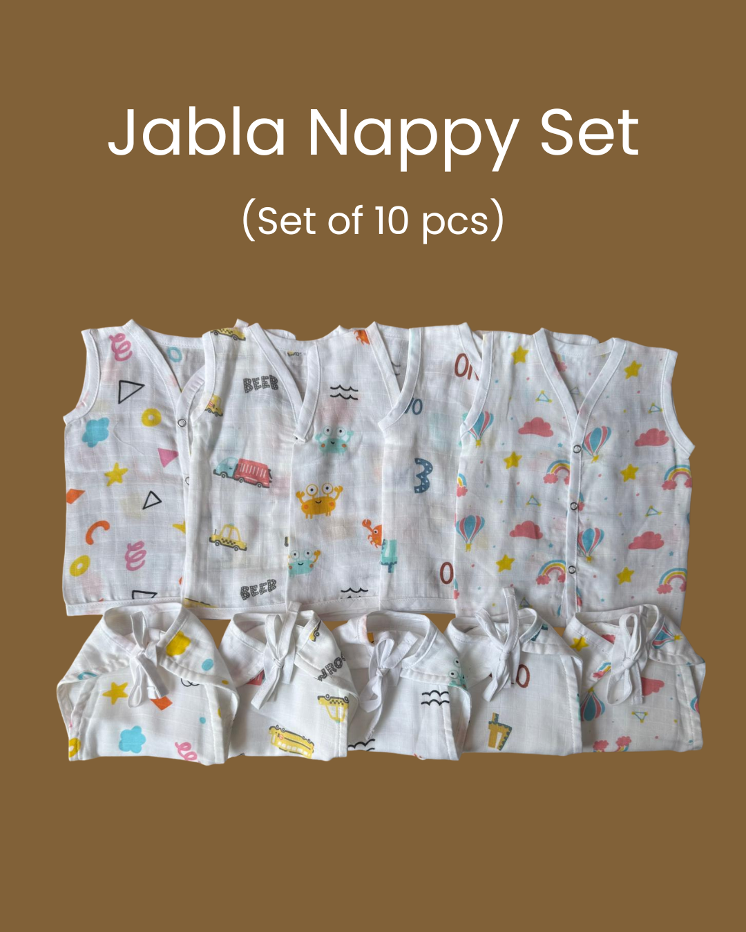 Premium Muslin Baby Jabla & Nappy Matching Sets (10 pcs) - Combo 1