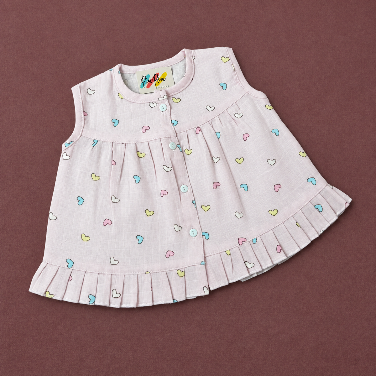 Muslin Front Open Frock - Pink hearts