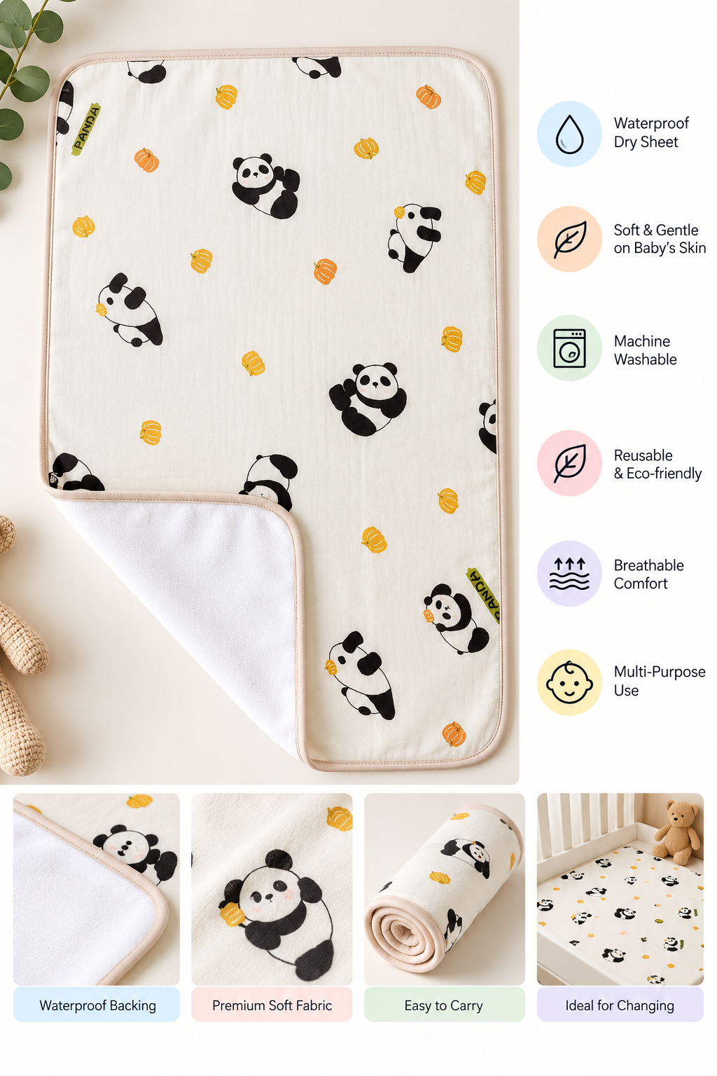 Crinkled Muslin Dry Sheet - Panda With Pumpkin