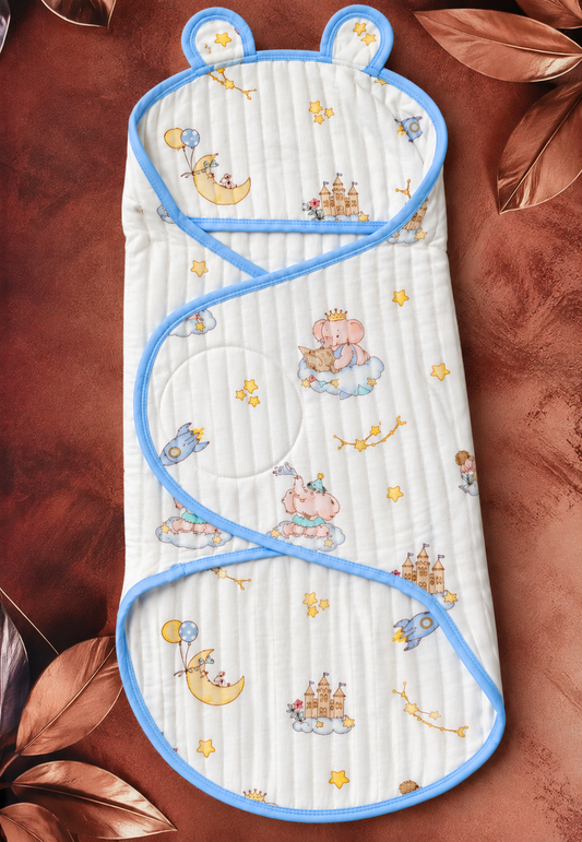 Premium Baby Swaddle  -  Blue Elephant Velcro Type