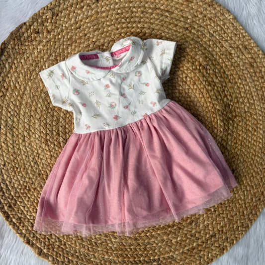 Pink white flowers - Premium Baby Knitted Net Frocks