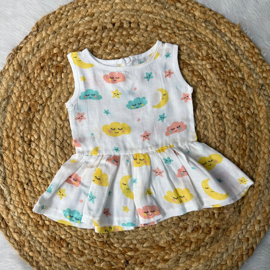 Muslin Button Frock - Moon, Clouds, Stars