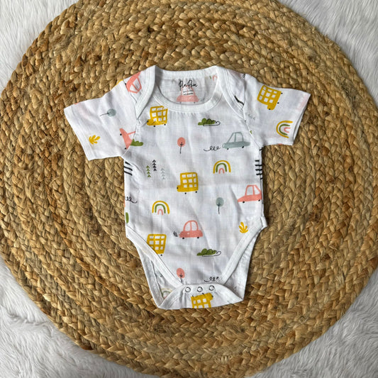 Baby Muslin Romper - Yellow car