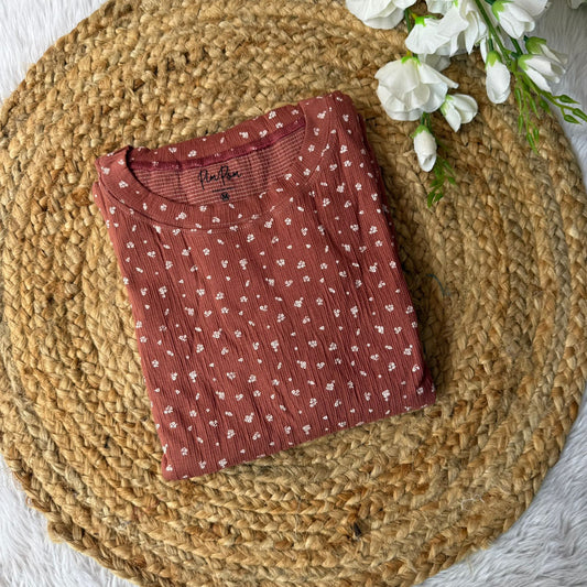 Crinkled Cotton Casual Frock - Brown Flowers