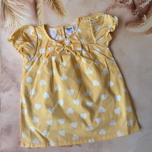 Yellow White Hearts  - Baby Knitted Frocks