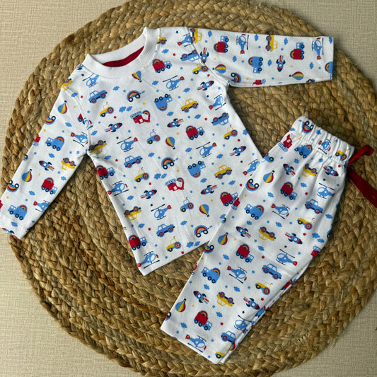 Kids Pant Co-Ord Sets - White Vehicle [Full sleeve]