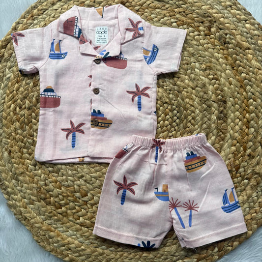 Muslin Double Layer Boys Shirt and Shorts Set - Pink ship