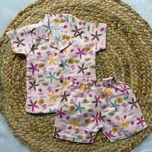 Muslin Double Layer Boys Shirt and Shorts Set - Pink Starfish