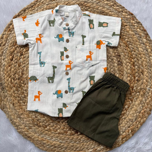 Boys Shirt and Shorts Set - White Animals