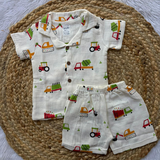 Muslin Double Layer Boys Shirt and Shorts Set - White Truck