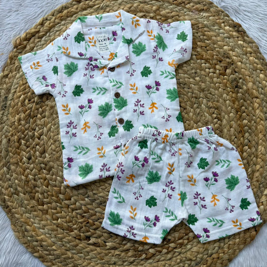 Muslin Double Layer Boys Shirt and Shorts Set - Flower leaf