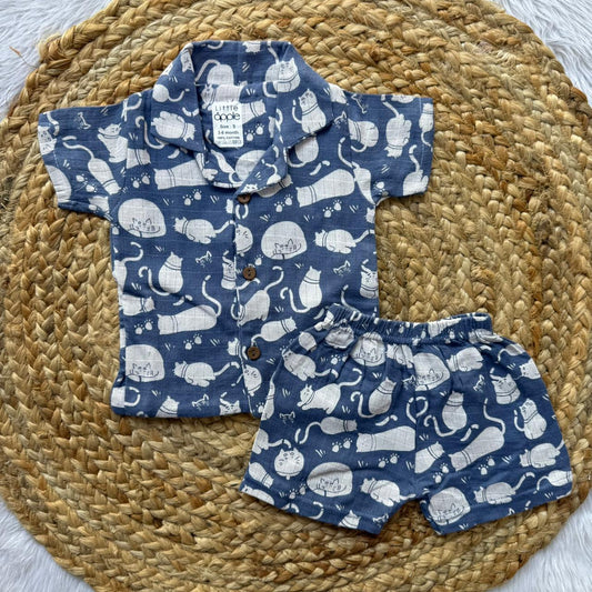 Muslin Double Layer Boys Shirt and Shorts Set -  Blue cats