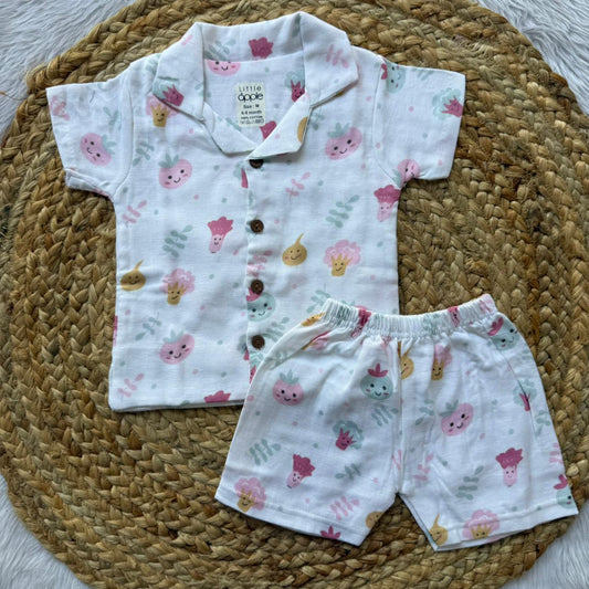Muslin Double Layer Boys Shirt and Shorts Set - Vegetables
