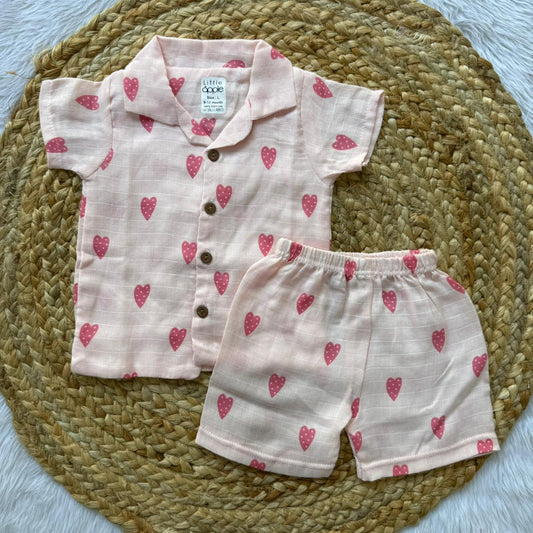 Muslin Double Layer Boys Shirt and Shorts Set -pink hearts