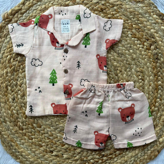 Muslin Double Layer Boys Shirt and Shorts Set - Teddy