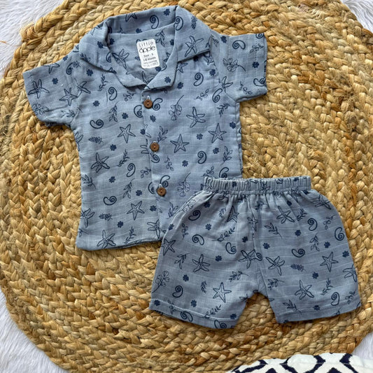Muslin Double Layer Boys Shirt and Shorts Set - Blue Starfish