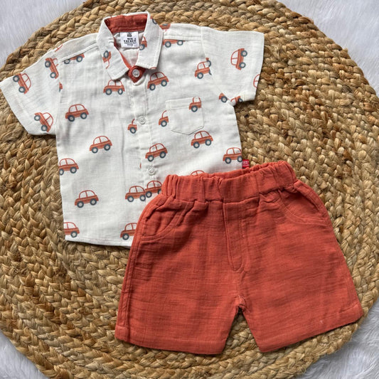 Muslin Boys Shirt and Shorts Set - Orange Cars