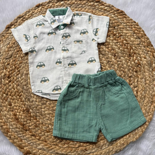 Muslin Boys Shirt and Shorts Set - Green Cars