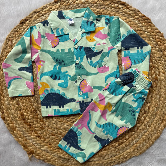 Baby Collar Night Suits - Green Dinos