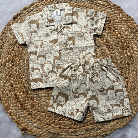 Boys Shirt and Shorts Set - Brown Faces