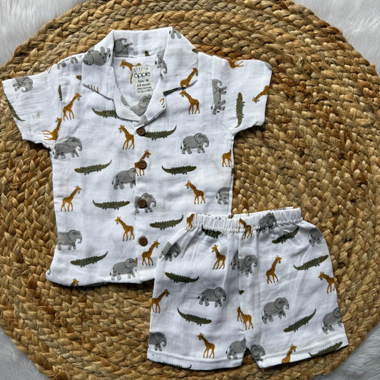 Muslin Double Layer Boys Shirt and Shorts Set - Animals crocodile